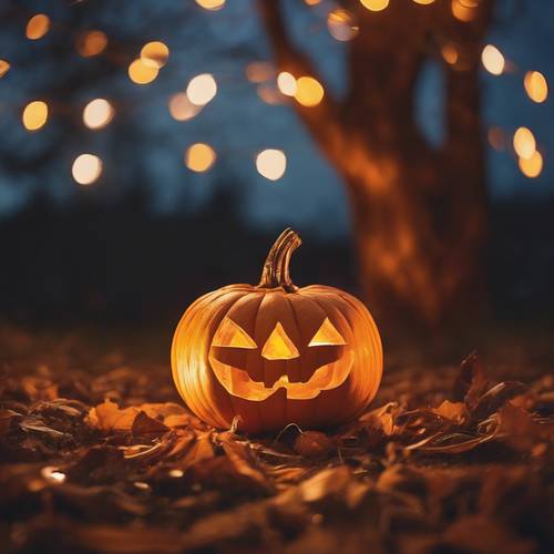 Artistic painting of a lighted pumpkin glowing in the chilly autumn evening.