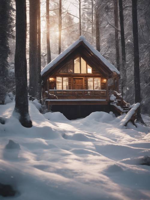 Śnieżny krajobraz spowity delikatnym światłem, z izolowaną kabiną z delikatnie świecącymi oknami.