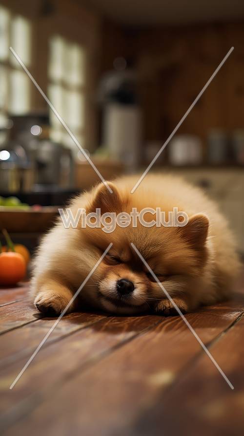 Anak Anjing Tidur di Meja Kayu