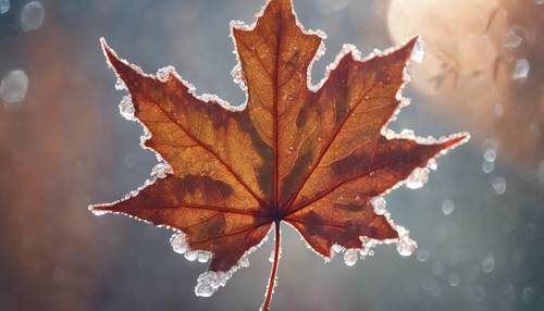 Ein taugetränktes Ahornblatt, eingehüllt in die Farben eines kalten Wintermorgens.