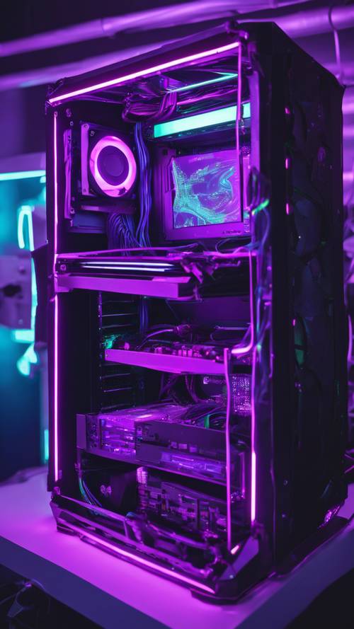 A close-up of a gaming computer tower glowing with purple and green LED lights.
