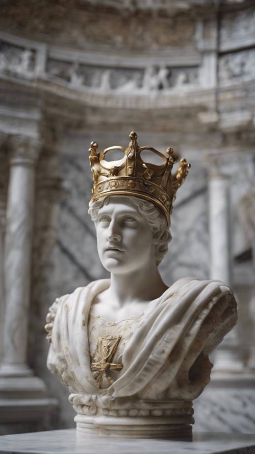 Uma coroa antiga esculpida em uma bela estátua de mármore em um museu romano, simbolizando a glória eterna de uma era perdida.