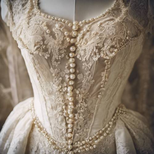 An antique damask wedding gown from the early 1900s, adorned with lace and pearls.