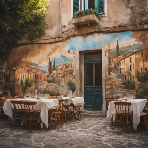 Un mural atmosférico que describe el relajado estilo de vida italiano, con cenas al aire libre y siestas.