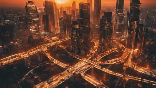 Une vue abstraite d&#39;une ville géométrique dorée avec des gratte-ciel et une circulation intense sous le coucher de soleil orange.
