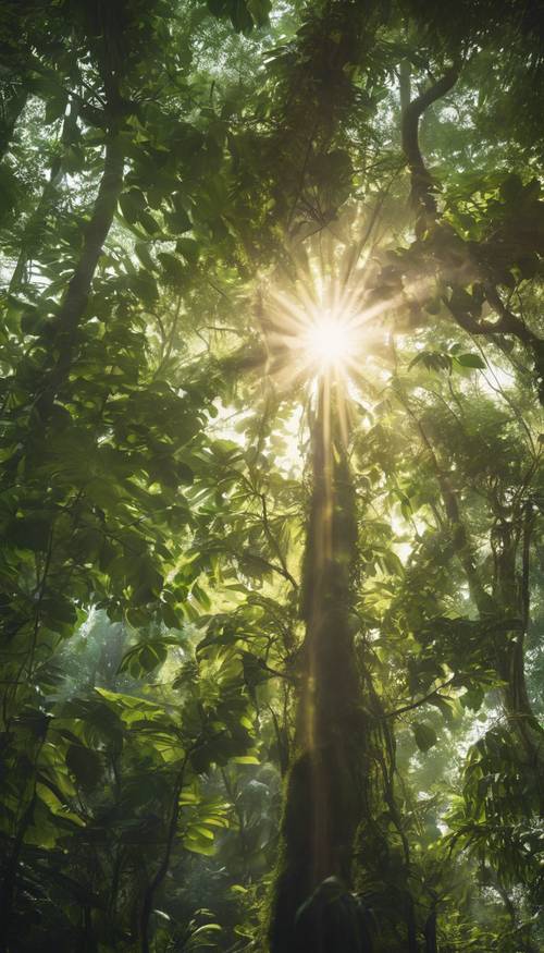 Sun casting dappled light through a canopy of dense rainforest foliage.