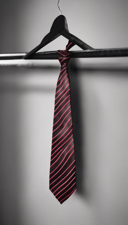 Modny krawat w czerwono-czarne paski na wieszaku.
