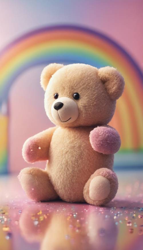 Um ursinho de pelúcia rechonchudo com grandes olhos brilhantes sobre um arco-íris em um mundo em tons pastéis.