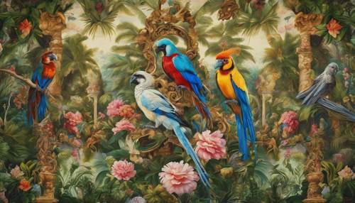 A Baroque tapestry featuring exotic birds in a lush garden.