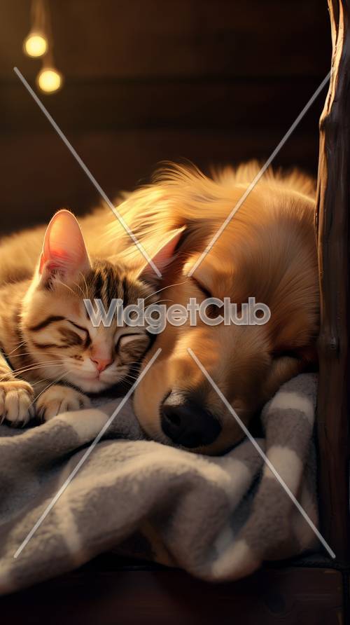 Schlafende Katze und Hund aneinander gekuschelt