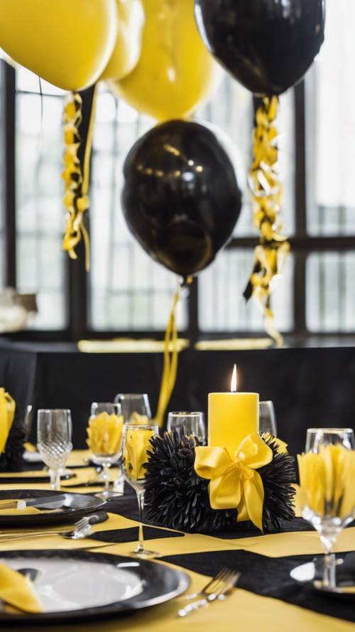 Une table dressée avec des décorations de fête à thème noir et jaune pour une fête d&#39;anniversaire.