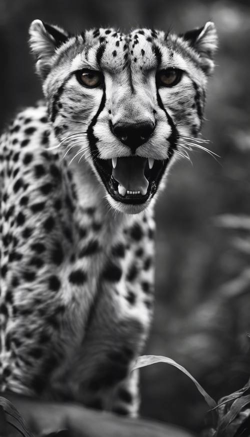 Zbliżenie czarno-białego geparda uchwyconego w połowie ryku na tle gęstej, cienistej dżungli.