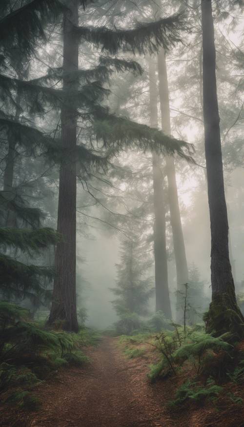 An evergreen forest cloaked in the early morning fog. Tapeta [17169677f34c4c4995a4]