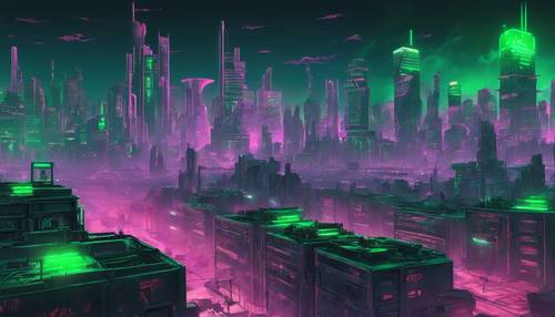 A skyline of a dystopian cyberpunk city, with green toxic haze in the background.