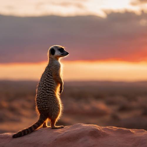 A lone meerkat standing on a rock, silhouetted against a red and orange sunset.