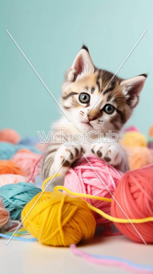 Cute Kitten Playing with Colorful Yarn Balls