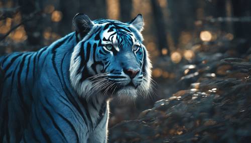 Seekor harimau biru dengan garis-garis bercahaya, menerangi hutan yang gelap.