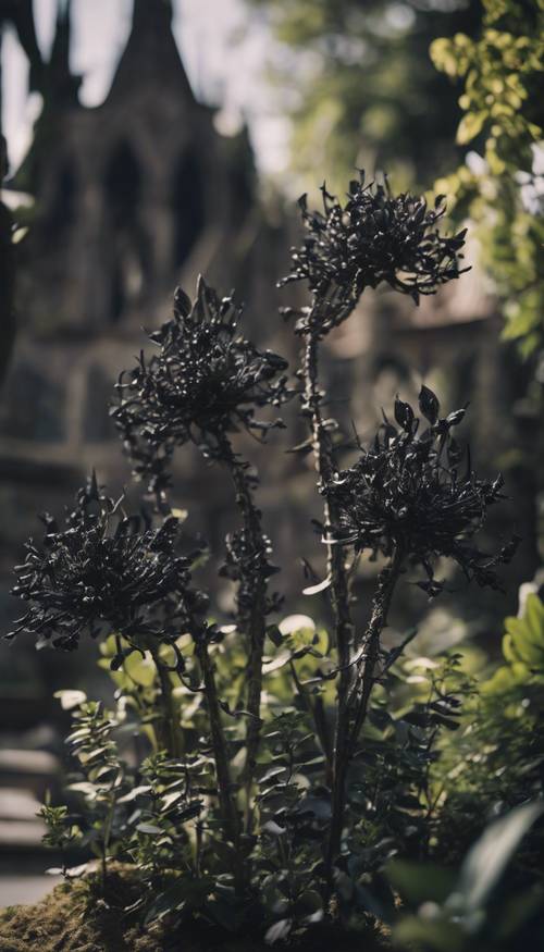 A gothic garden containing various types of black plants.