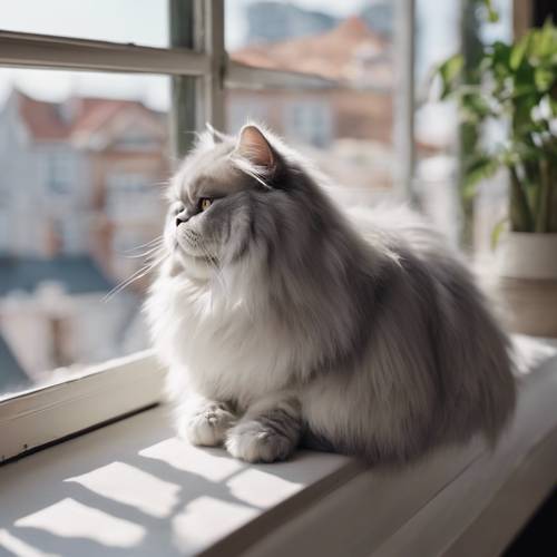 Fluffy gray and white Persian cat lazily asleep on a bay window overlooking a peaceful neighborhood.