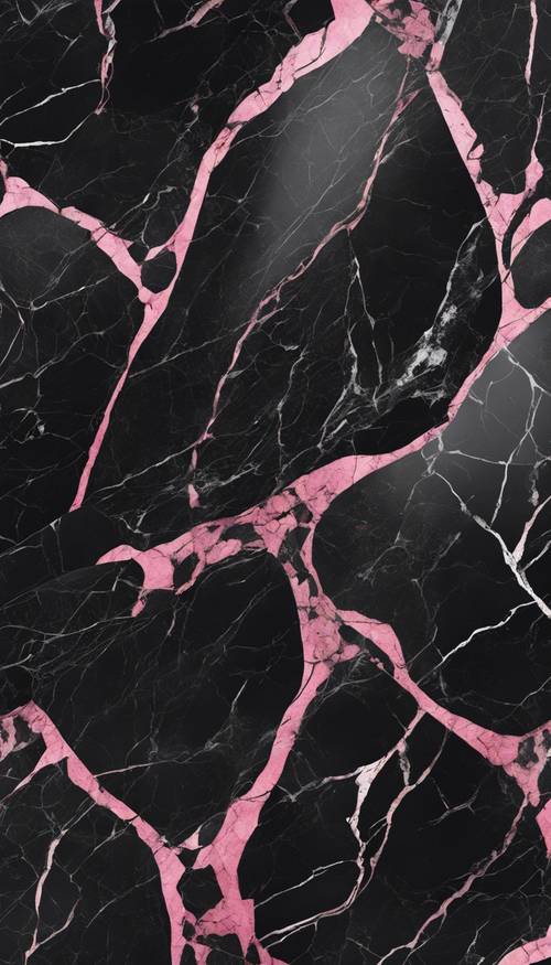 High-resolution image of a sleek black marble with pink veins. Tapet [6fd0d0742c17460cb4d3]