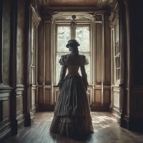 A spectral woman dressed in Victorian-era clothing wandering in a deserted mansion