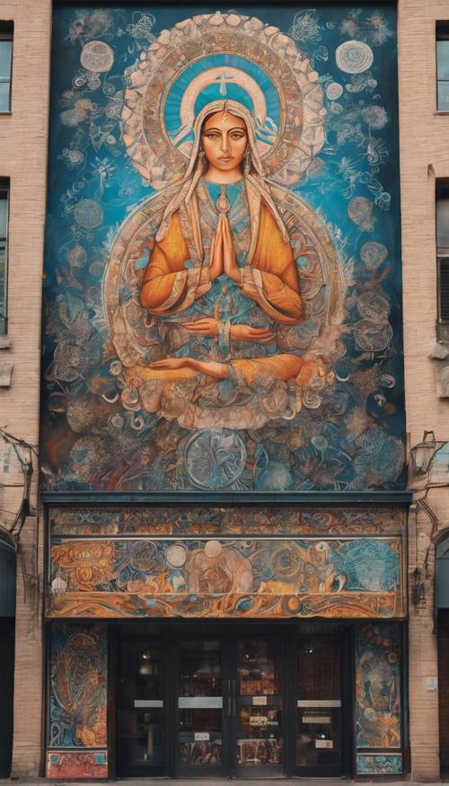 A stunning boho mural on a city building, incorporating symbols of peace and harmony Tapéta [010be169ac2a4e9a9025]