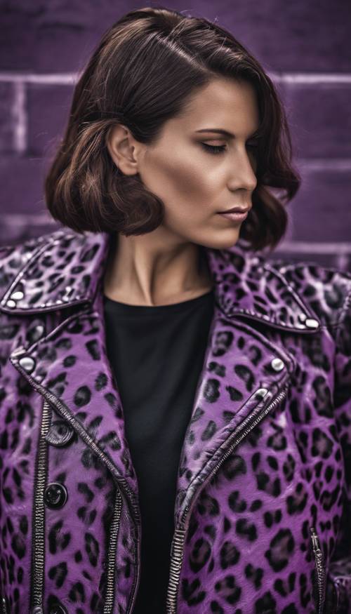 Estampado de leopardo morado en una chaqueta de cuero vintage.