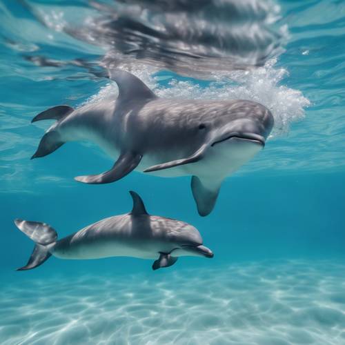 Baby porpoise swimming with its mother in the crystal blue sea