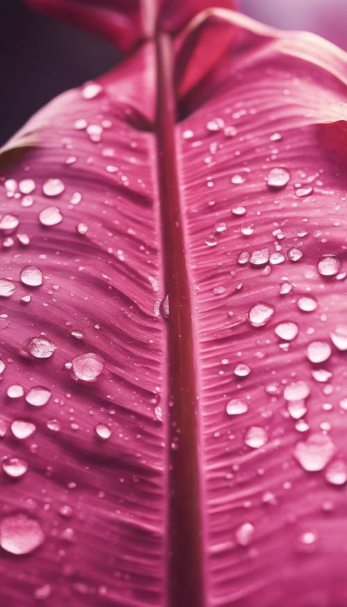 A close-up view of a pink banana leaf, wet with morning dew and shimmering under the morning sunlight.