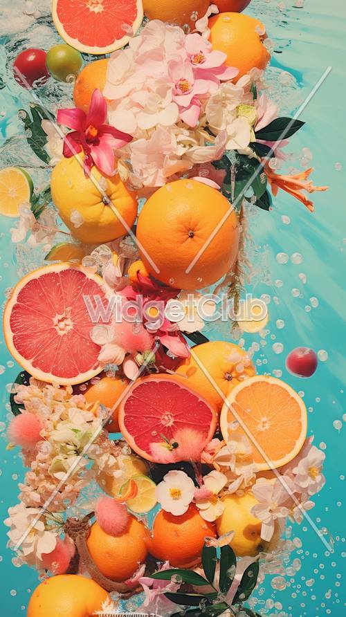 五顏六色的柑橘和花朵漂浮在水中