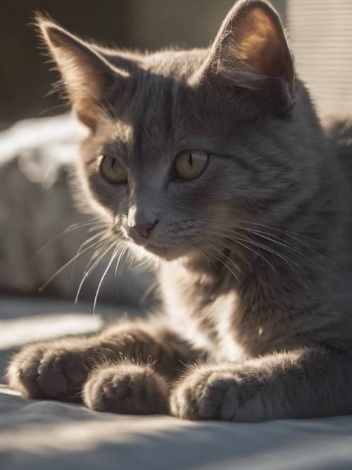 Um gatinho cinza esfumaçado se aquecendo sob um raio de sol, lançando sombras longas e dramáticas.