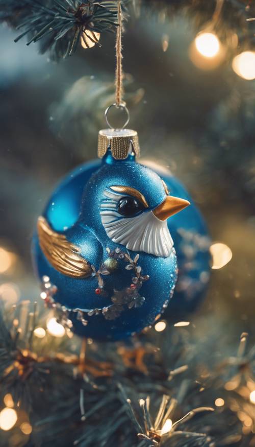 Ein blauer Vintage-Weihnachtsvogel, der an einem Baum hängt