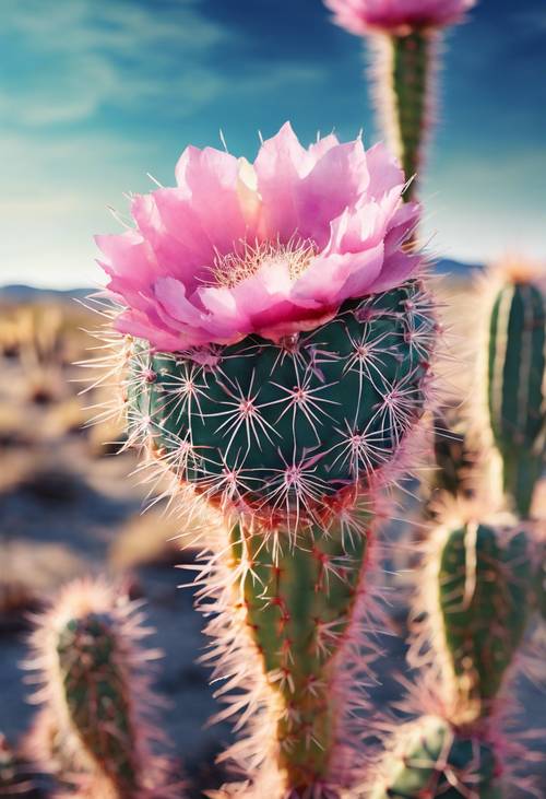 Akwarela przedstawiająca kaktusa o różowych kwiatach pod jasnoniebieskim pustynnym niebem.