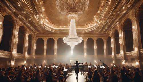 一個年輕的女孩在裝飾華麗的音樂廳裡指揮一個大型管弦樂團，在美麗的吊燈下。 牆紙 [f17bddb7070a4cefba89]