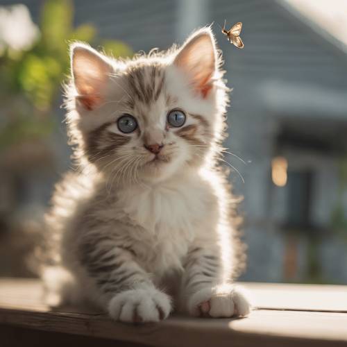 Un gatito American Curl, con sus característicamente rizadas orejas levantadas, observando con curiosidad una polilla revoloteando en un cálido porche.