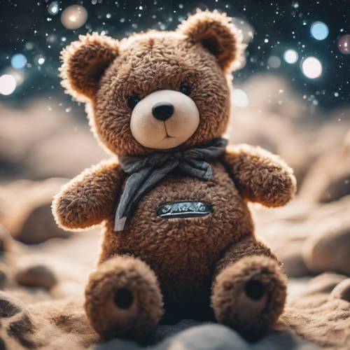 A soft and cuddly space teddy bear, floating through the milky way with a wide-eyed expression of wonder.