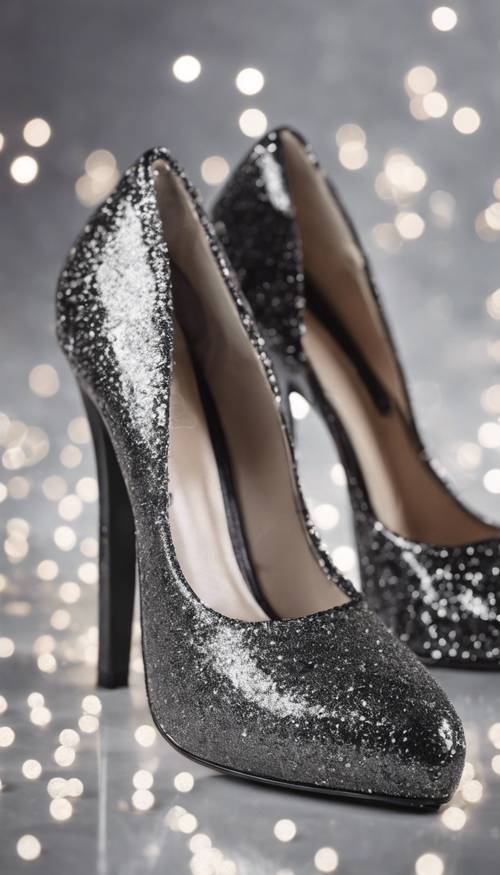 一双优雅地涂有黑色和银色亮片的高跟鞋。