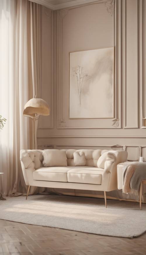 Kamar elegan yang dicat warna krem ​​​​muda dengan perabotan modern