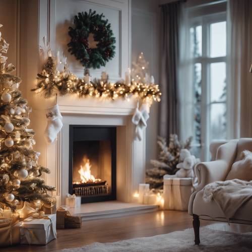 Elegante sala de estar decorada para Navidad con una gran chimenea blanca, medias colgadas con cuidado y un imponente árbol de Navidad brillando en la esquina.