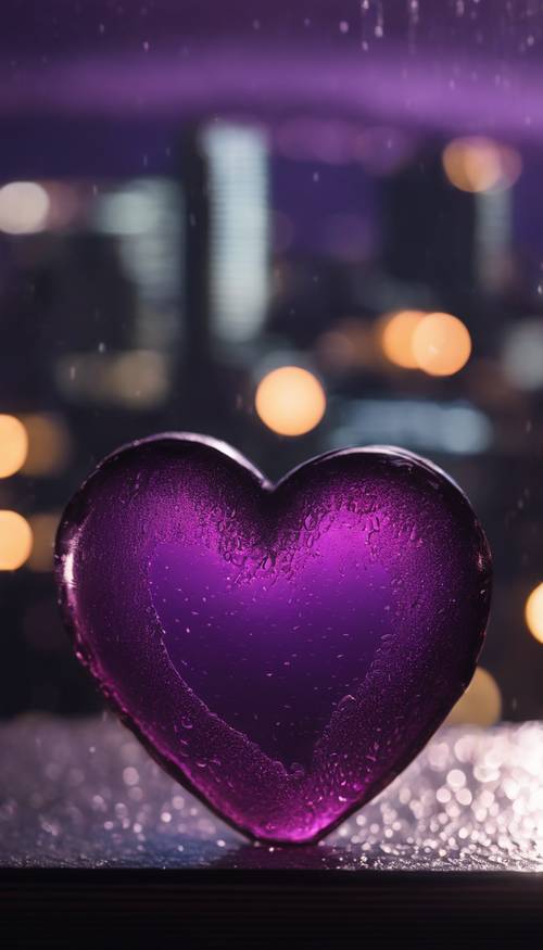 A dark purple heart drawn into the condensation on a window, with a city at night in the background.