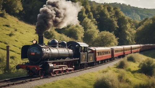 A vintage steam locomotive chugging along in a picturesque countryside