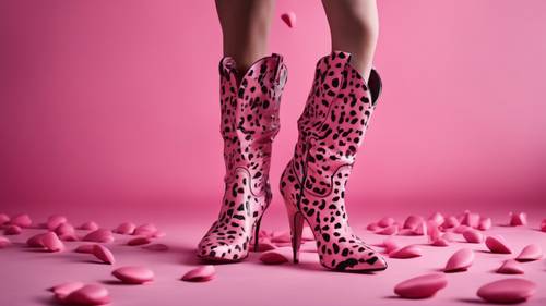 A pair of glamorous, high-heeled boots in a daring pink cow print.
