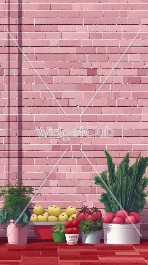 Pink Brick Pattern with Green Plant Shadows