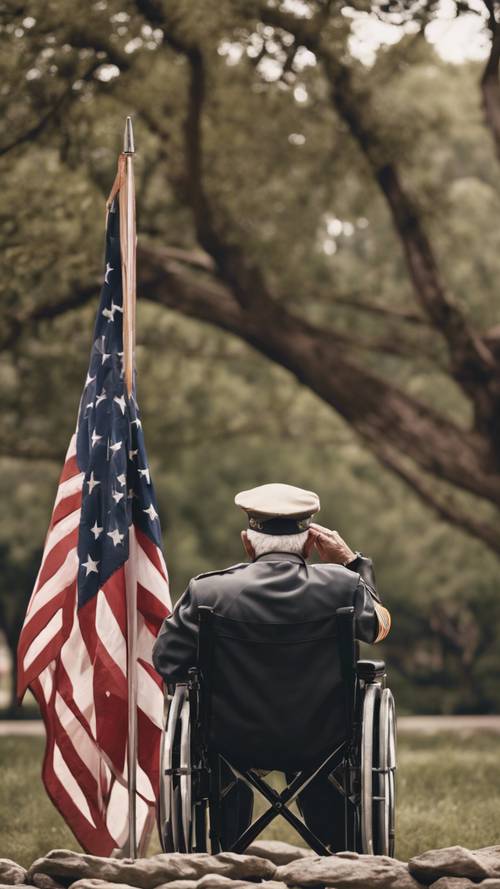 Un veterano anciano saludando una bandera estadounidense en un monumento conmemorativo