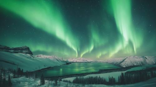 The magical aurora borealis illuminating the night sky with strands of mint green light.