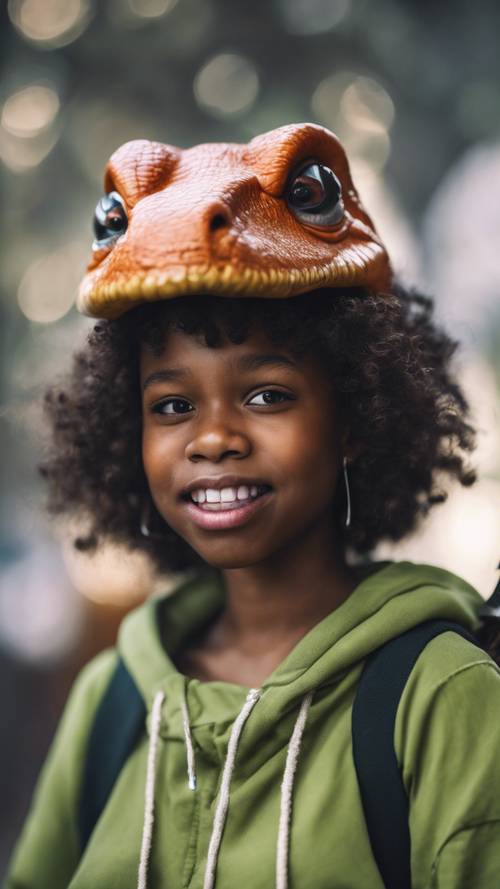 Un retrato tonto de una niña negra vistiendo un disfraz de dinosaurio T-rex.