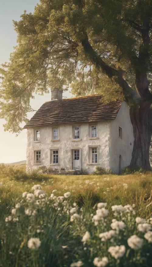 A white stone cottage at the edge of a quaint meadow.