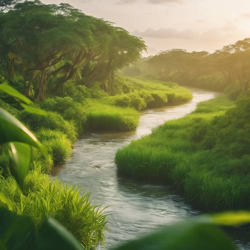 A verdant view of a winding river flowing serenely through the heart of a green tropical savannah during sunrise.