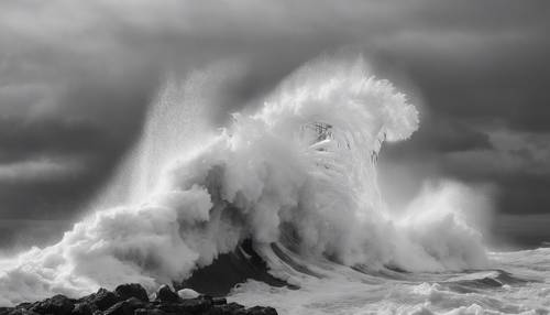 An intense black and white image of towering ocean wave frozen in the act of crashing over a lighthouse.
