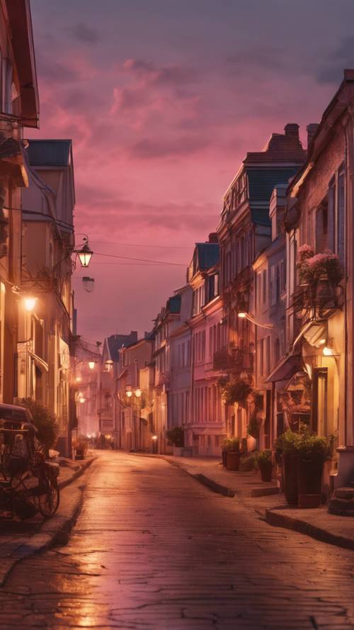 A charming small town bathed in the gold and pink hues of a breathtaking sunset.